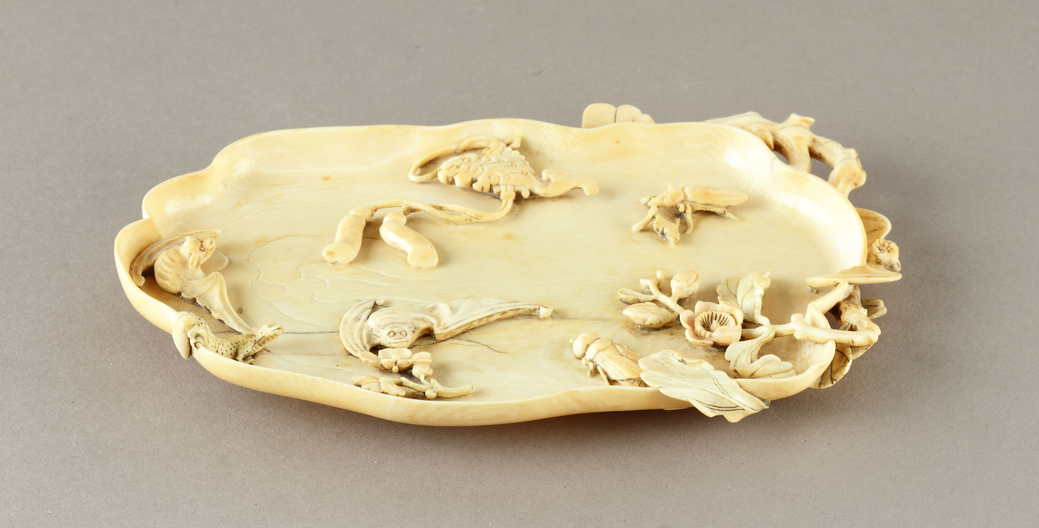 Chinese Ivory Tray of Loquat Form Naturalistically Carved in High Relief 
